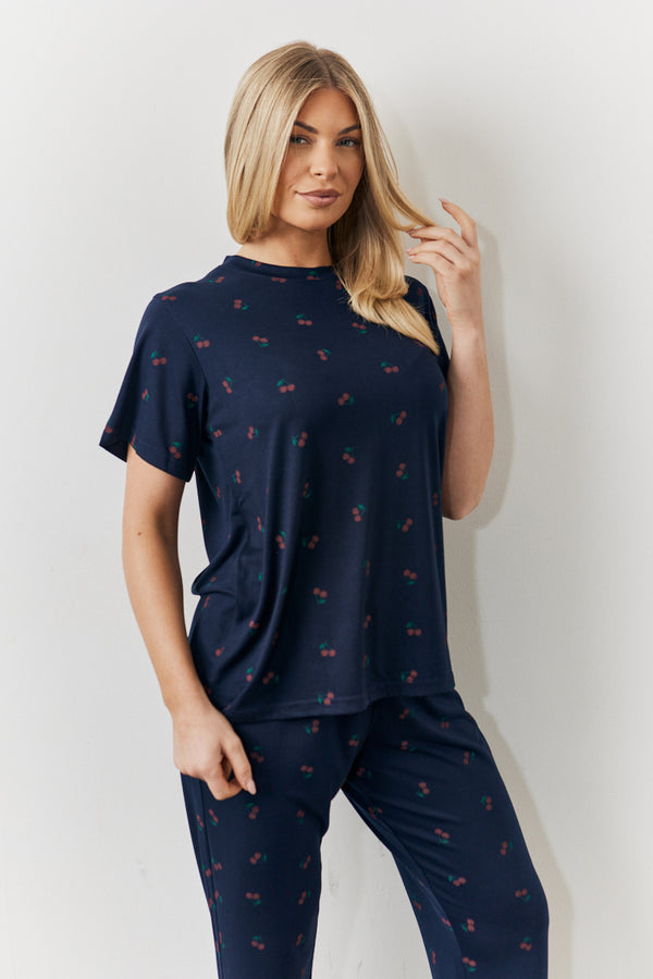 In The Style In The Style Navy Cherry Print T Shirt And Cuff Jogger Pj Set Navy