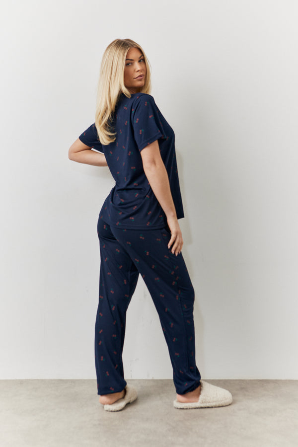 In The Style In The Style Navy Cherry Print T Shirt And Cuff Jogger Pj Set Navy