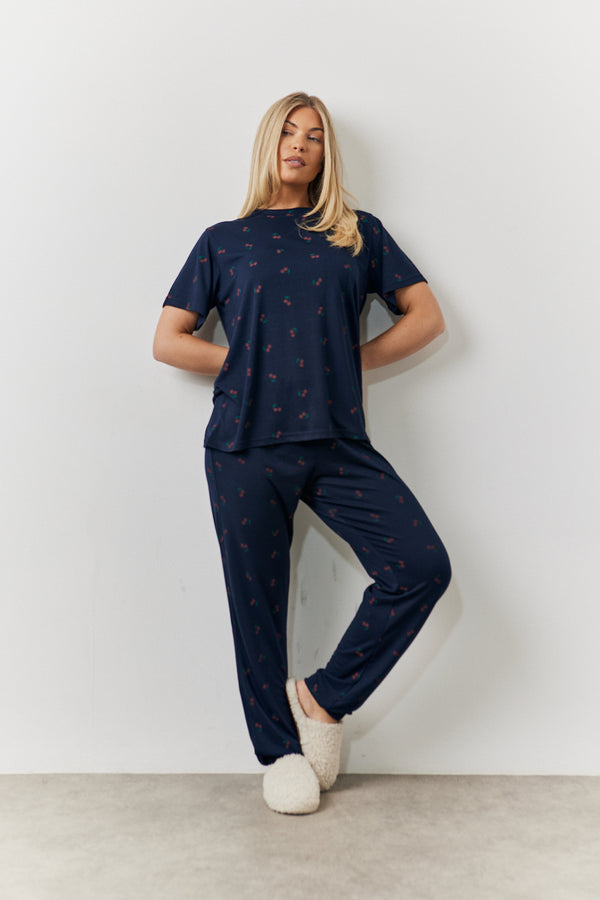 in the style In The Style Navy Cherry Print T Shirt and Cuff Jogger Pj Set Navy