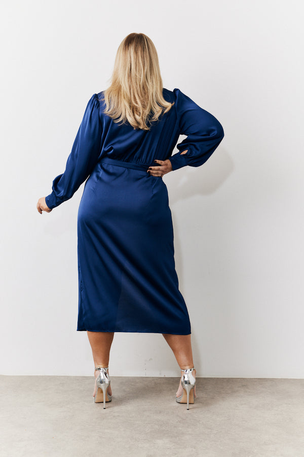 In The Style In The Style Navy Satin Wrap Midi Dress Navy