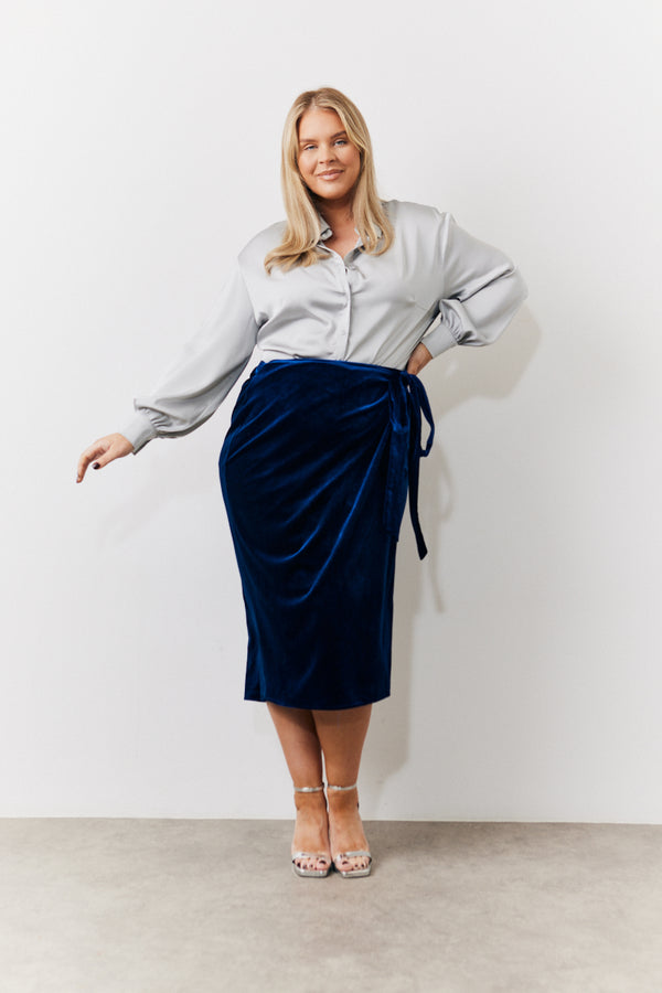 in the style In the Style Navy Velvet Wrap Midi Skirt Navy