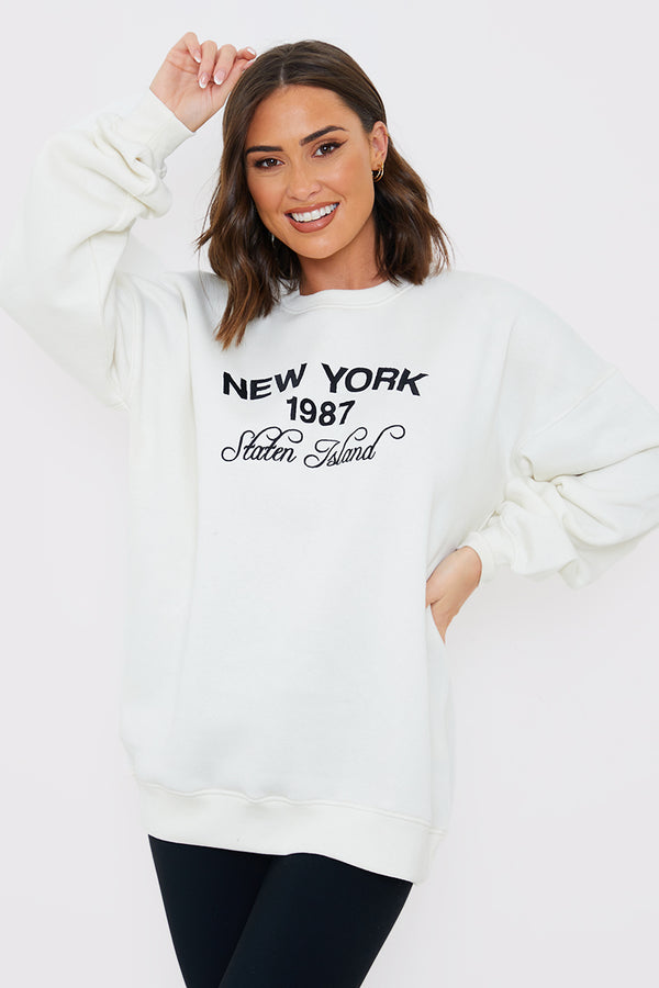 in the style In the Style New York Embroidered Oversized Sweater Cream