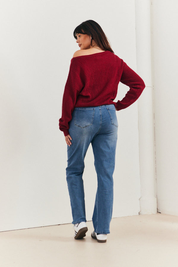 In The Style In The Style Off The Shoulder Knitted Jumper Burgundy