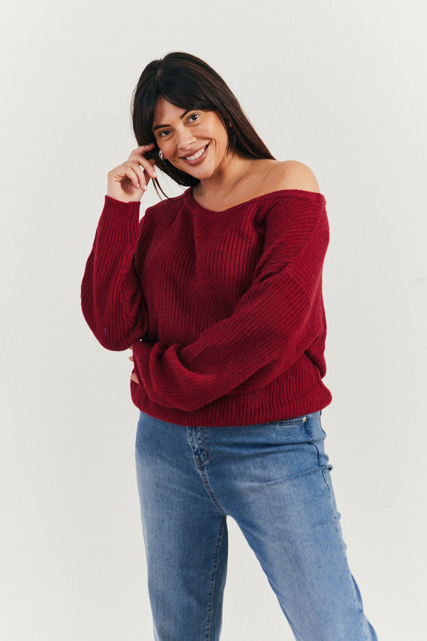 In The Style In The Style Off The Shoulder Knitted Jumper Burgundy