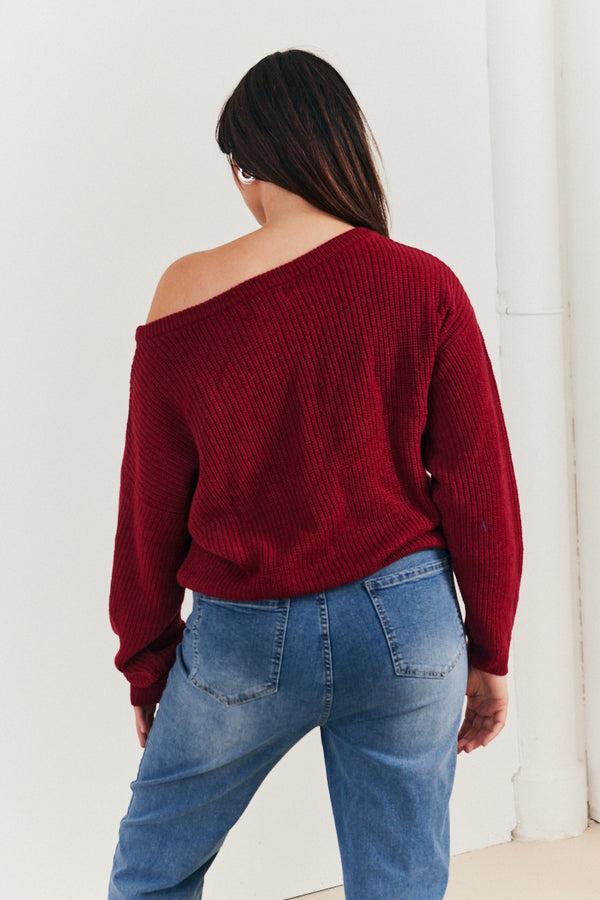 In The Style In The Style Off The Shoulder Knitted Jumper Burgundy