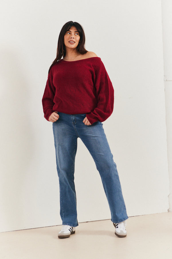 in the style In The Style Off The Shoulder Knitted Jumper Burgundy