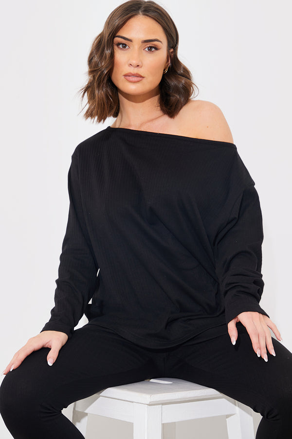 In The Style In The Style Off The Shoulder Long Sleeve T Shirt And Legging Set Black