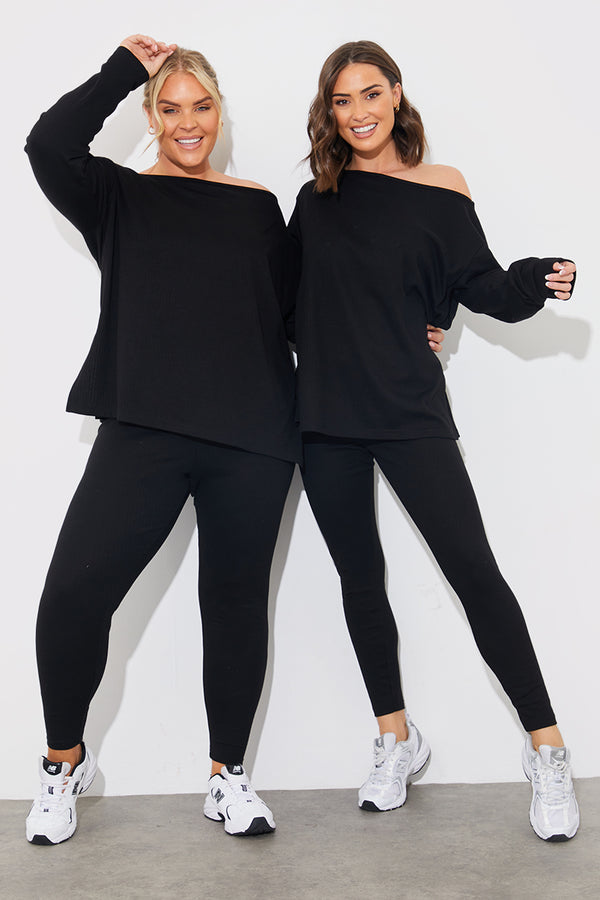 in the style In The Style Off The Shoulder Long Sleeve T Shirt And Legging Set Black