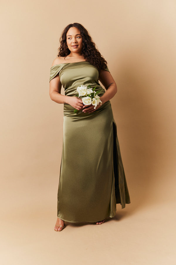 In The Style In The Style Olive Satin Bardot Ruched Maxi Dress Olive