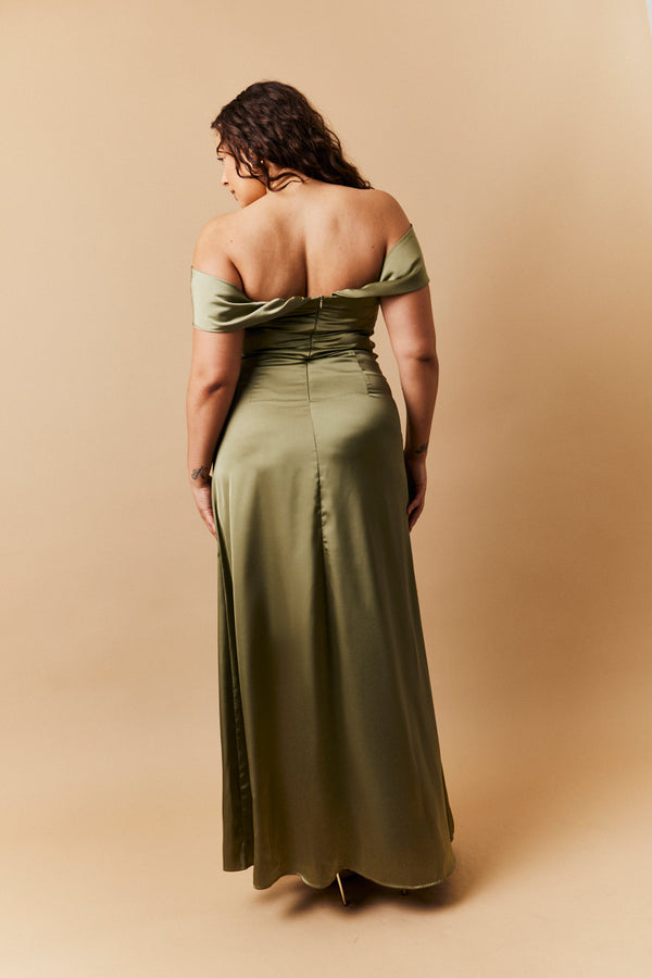 In The Style In The Style Olive Satin Bardot Ruched Maxi Dress Olive