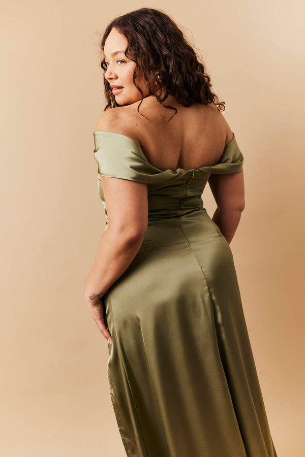 In The Style In The Style Olive Satin Bardot Ruched Maxi Dress Olive