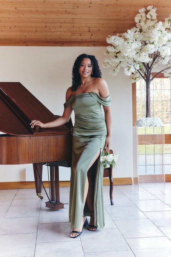 in the style In The Style Olive Satin Bardot Ruched Maxi Dress Olive