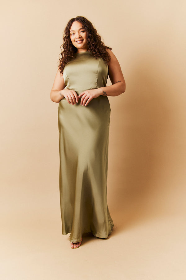 In The Style In The Style Olive Satin Cowl Back Maxi Dress Olive