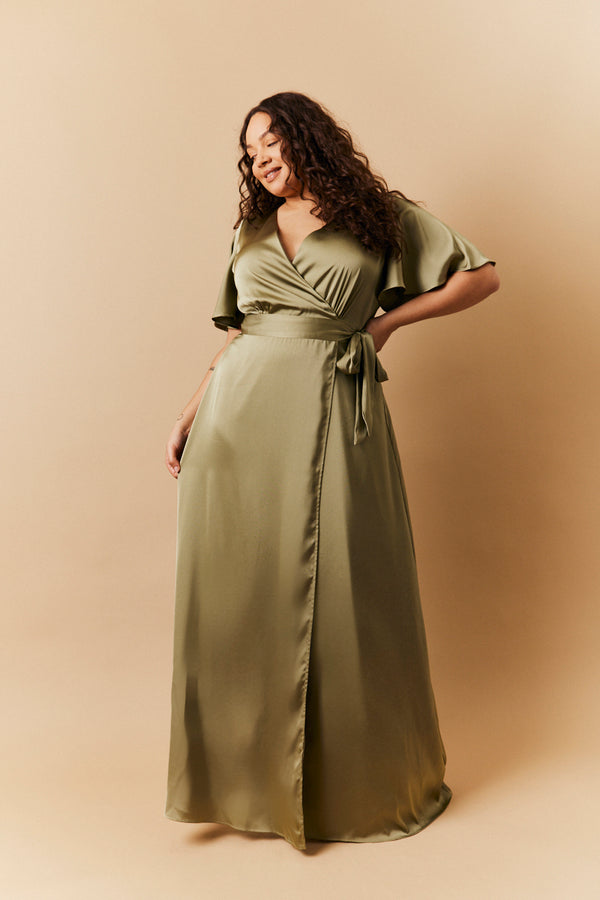 In The Style In The Style Olive Satin Wrap Tie Angel Sleeve Maxi Dress Olive