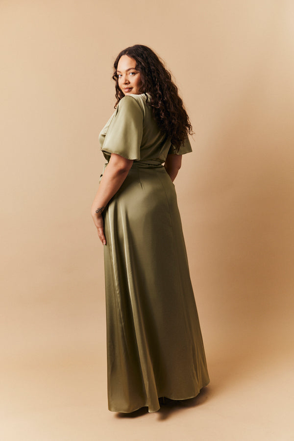 In The Style In The Style Olive Satin Wrap Tie Angel Sleeve Maxi Dress Olive