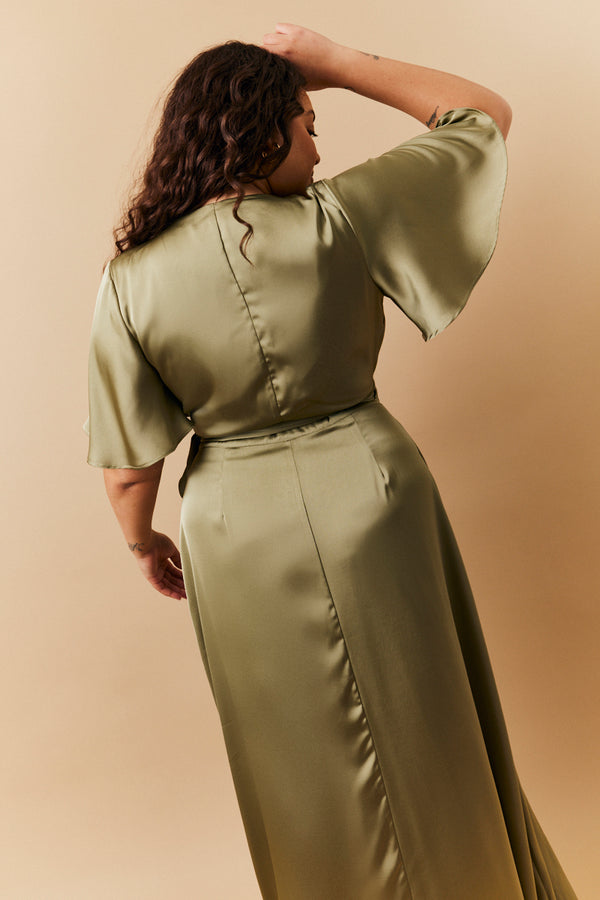 In The Style In The Style Olive Satin Wrap Tie Angel Sleeve Maxi Dress Olive