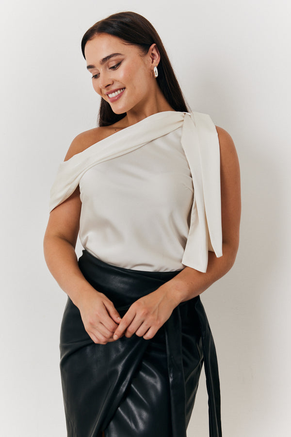 in the style In the Style One Shoulder Draped Satin Top Cream