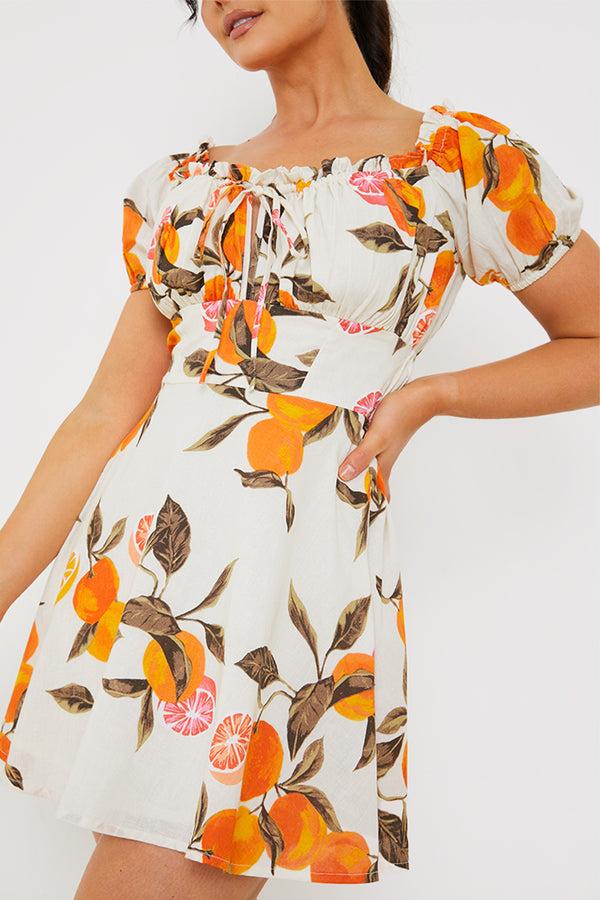 In The Style In The Style Orange Print Milkmaid Puff Sleeve Skater Dress Stone