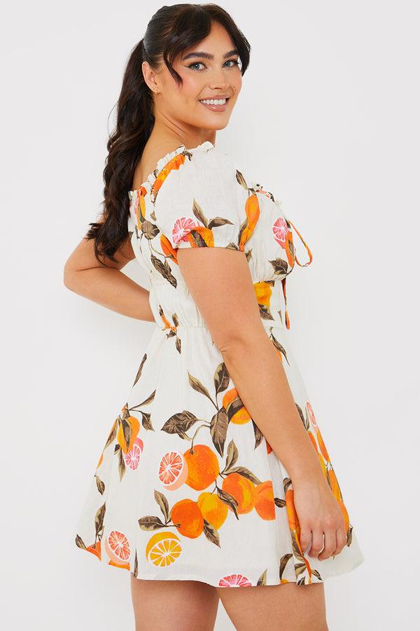 In The Style In The Style Orange Print Milkmaid Puff Sleeve Skater Dress Stone