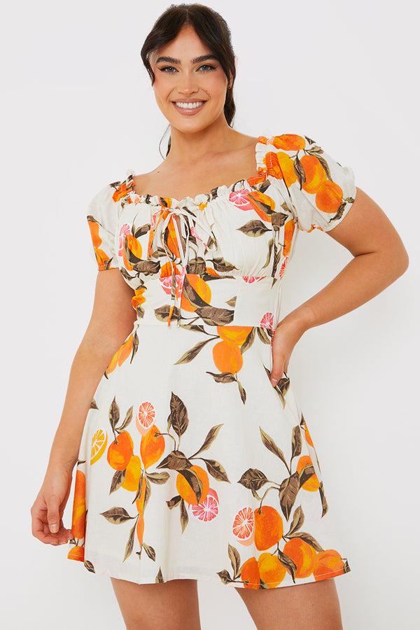 in the style In the Style Orange Print Milkmaid Puff Sleeve Skater Dress Stone
