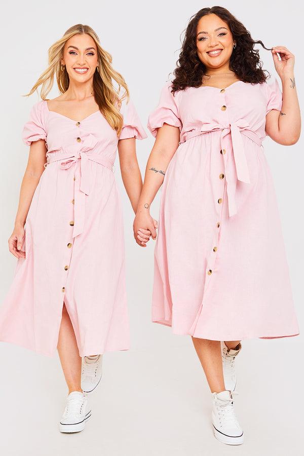 In The Style In The Style Organic Cotton Button Down Tie Waist Puff Sleeve Midi Dress Blush