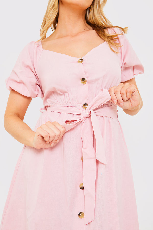 In The Style In The Style Organic Cotton Button Down Tie Waist Puff Sleeve Midi Dress Blush