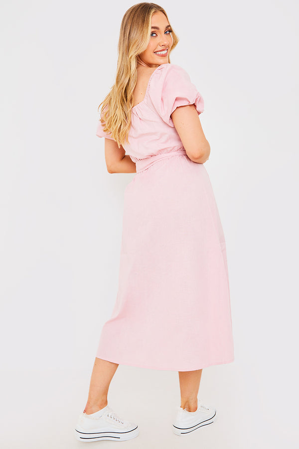 In The Style In The Style Organic Cotton Button Down Tie Waist Puff Sleeve Midi Dress Blush