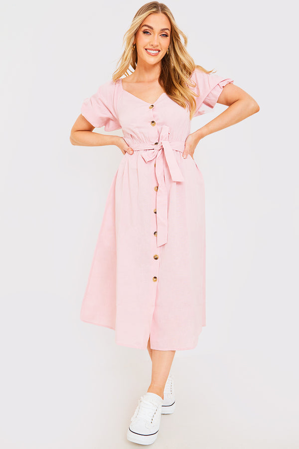 in the style In the Style Organic Cotton Button Down Tie Waist Puff Sleeve Midi Dress Blush