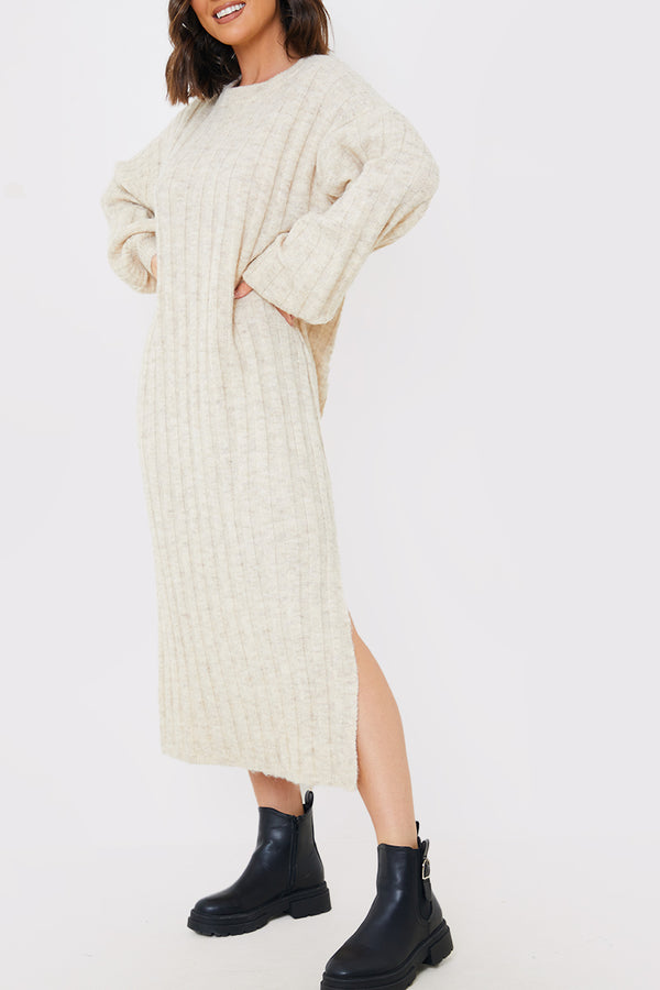 In The Style In The Style Oversized Rib Knit Midaxi Jumper Dress Cream