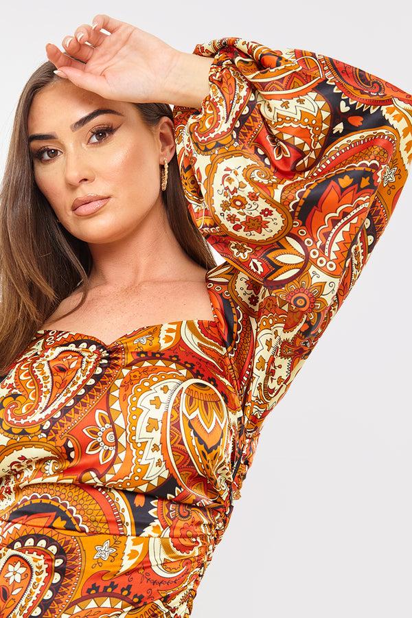 In The Style In The Style Paisley Print Ruched Bodysuit Rust