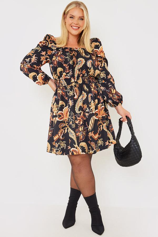 In The Style In The Style Paisley Print Shirred Dress Black