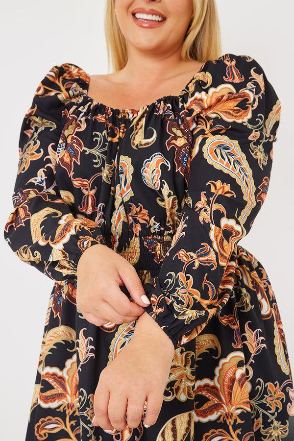 In The Style In The Style Paisley Print Shirred Dress Black