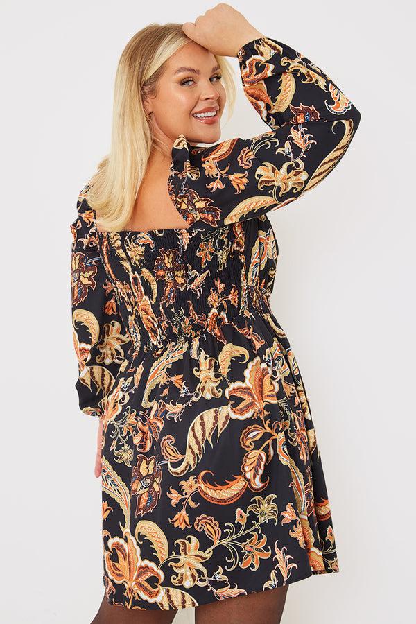 In The Style In The Style Paisley Print Shirred Dress Black