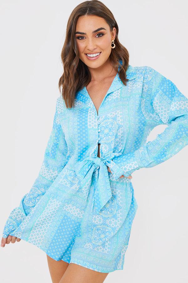 in the style In the Style Paisley Print Tie Front Co-Ord Shirt Blue