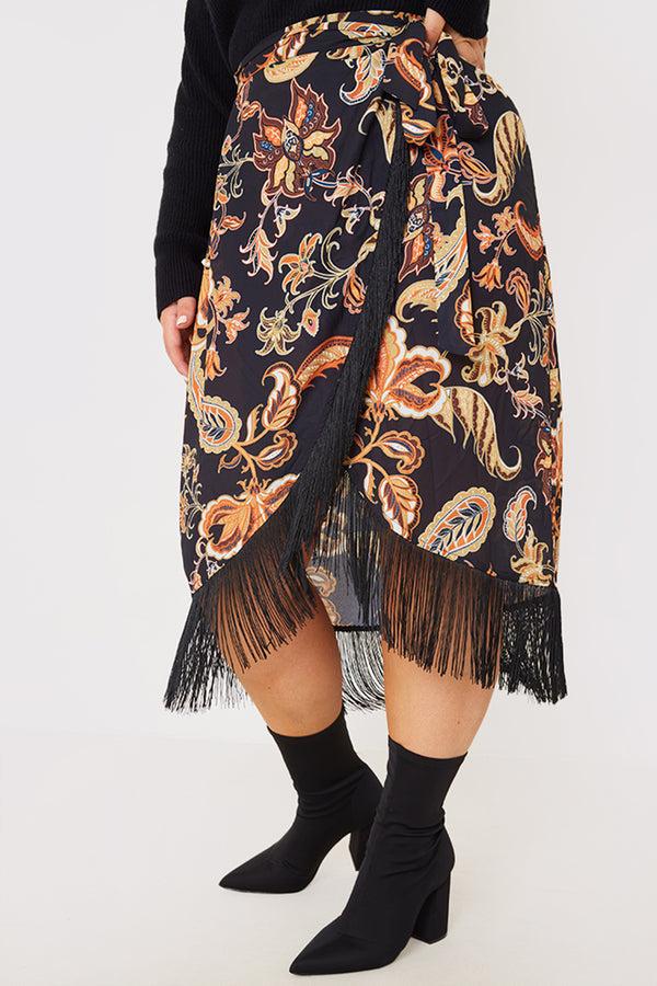 in the style In the Style Paisley Print Wrap Midi Skirt Black