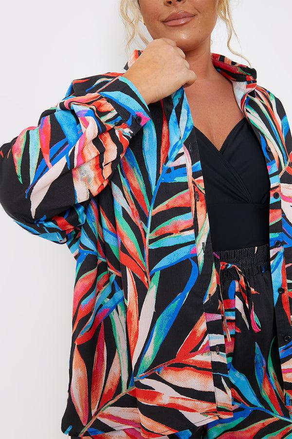 In The Style In The Style Palm Print Co-Ord Beach Shirt Black