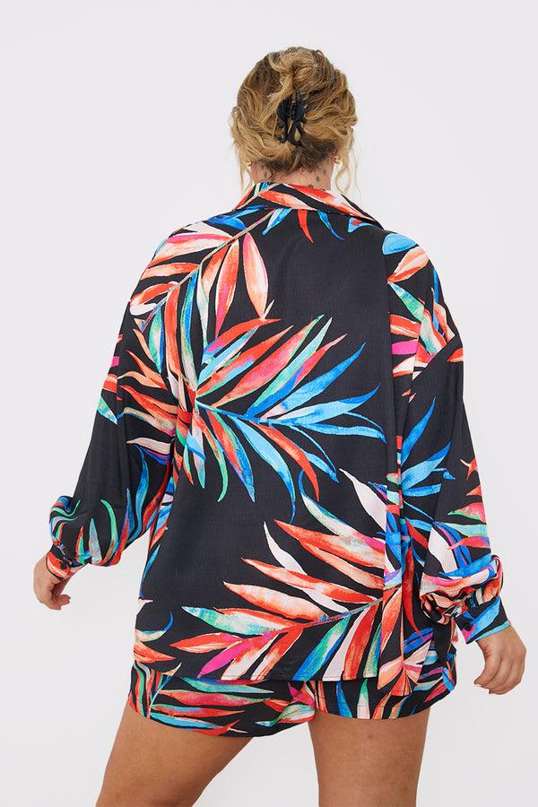 In The Style In The Style Palm Print Co-Ord Beach Shirt Black