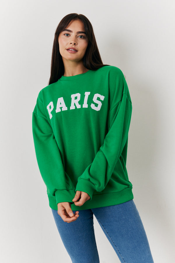in the style In the Style Paris Embroidered Slogan Sweatshirt Green