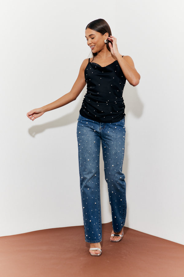 In The Style In The Style Pearl Embellished Cami Top Black