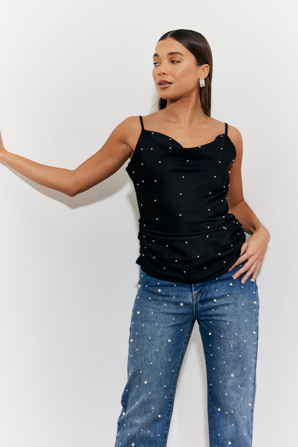 in the style In The Style Pearl Embellished Cami Top Black