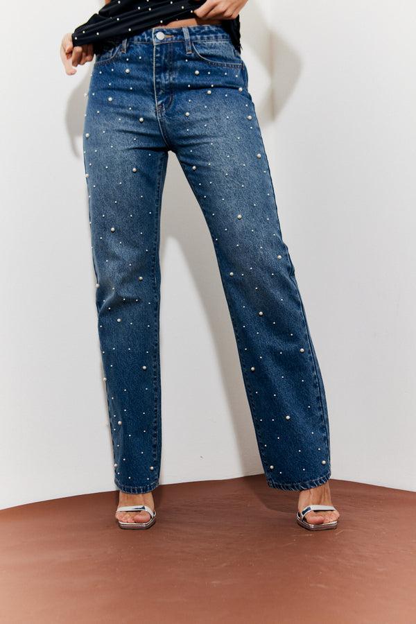 In The Style In The Style Pearl Embellished Jeans Blue