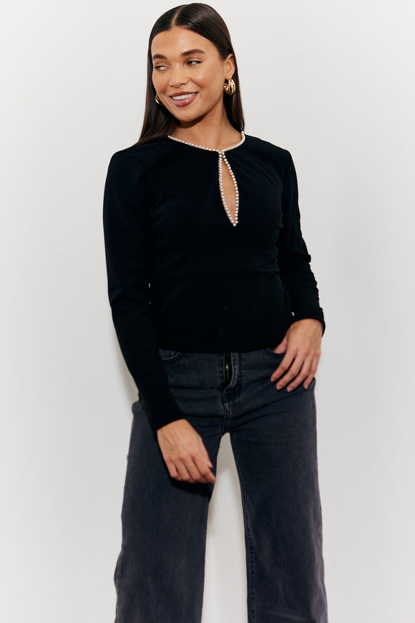 in the style In The Style Pearl Trim Top with Cut Out Black
