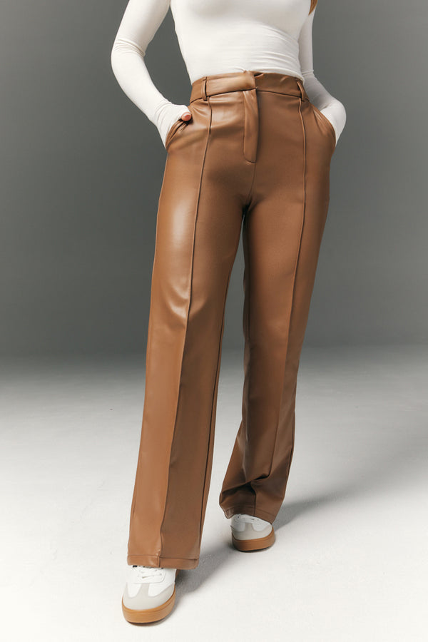 In The Style In The Style Perfect Sculpting High Waisted Leather Look Straight Leg Trouser Camel