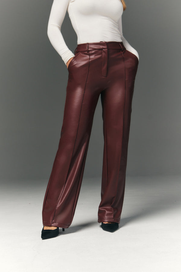 In The Style In The Style Perfect Sculpting High Waisted Leather Look Straight Leg Trouser Burgundy