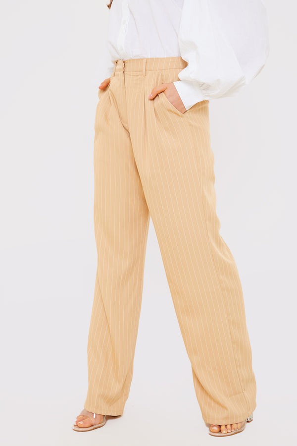 In The Style In The Style Pin Stripe Wide Leg Trousers Stone