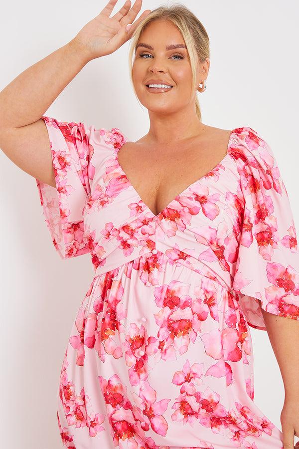In The Style In The Style PINK FLORAL FLUTTER SLEEVE MIDAXI DRESS Pink
