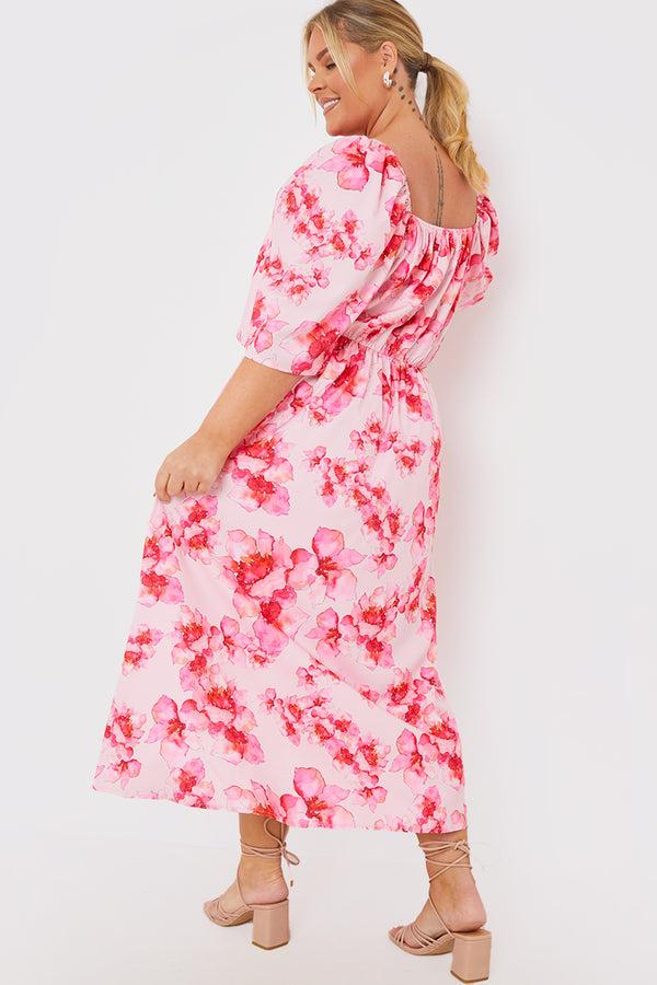 In The Style In The Style PINK FLORAL FLUTTER SLEEVE MIDAXI DRESS Pink