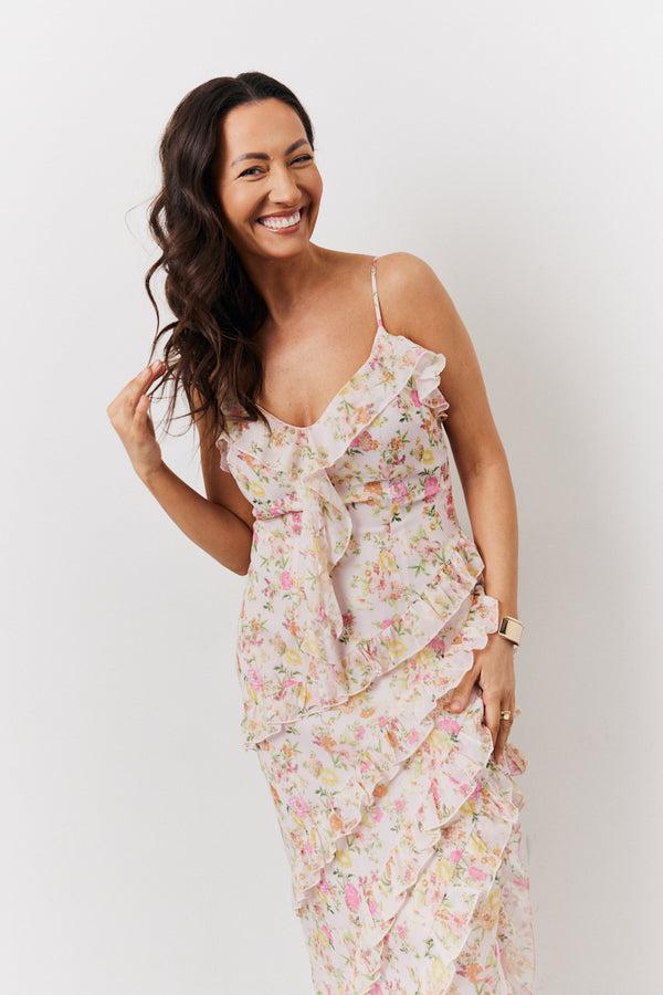 In The Style In The Style Pink Floral Frill Detail Maxi Dress Multi