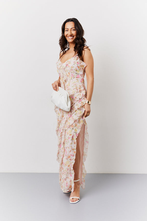 in the style In The Style Pink Floral Frill Detail Maxi Dress Multi