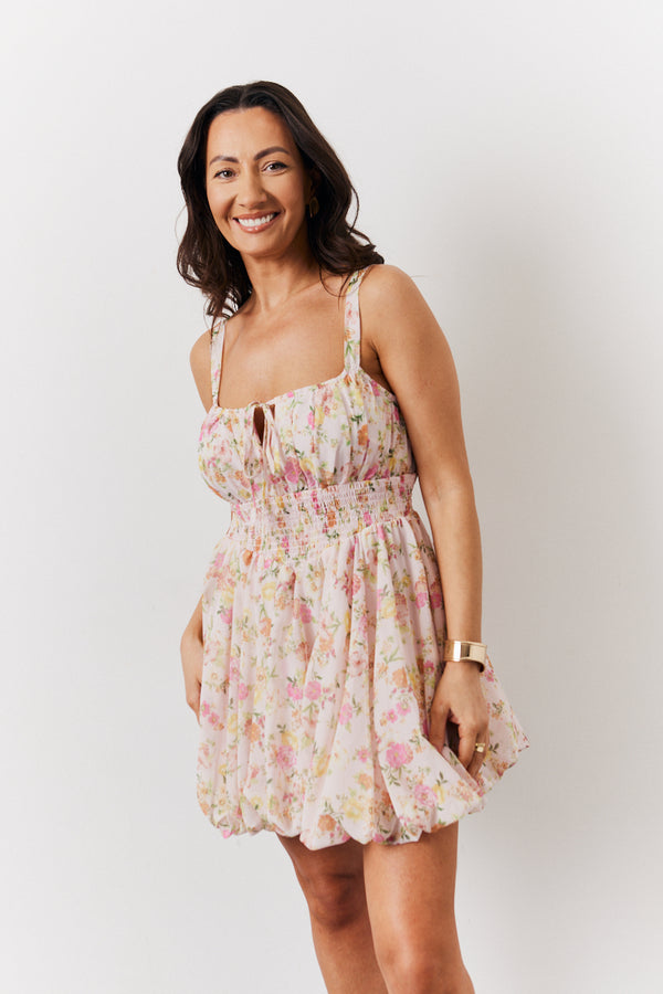 In The Style In The Style Pink Floral Milkmaid Bubble Hem Mini Dress Multi